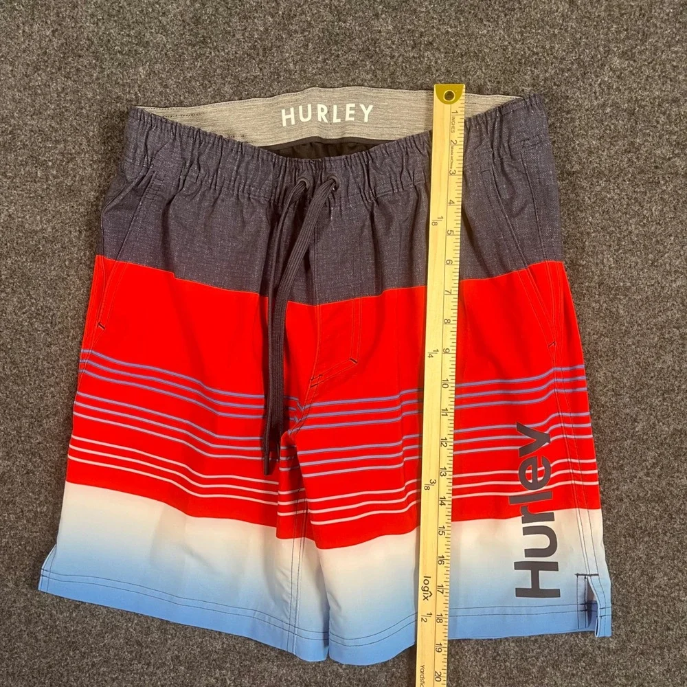 Hurley Mens Board Shorts Medium Red Blue Ombre Striped Swim Trunks Elastic Waist